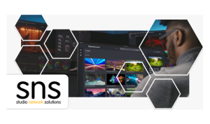 A promotional image showing a man using SNS's media asset management program.