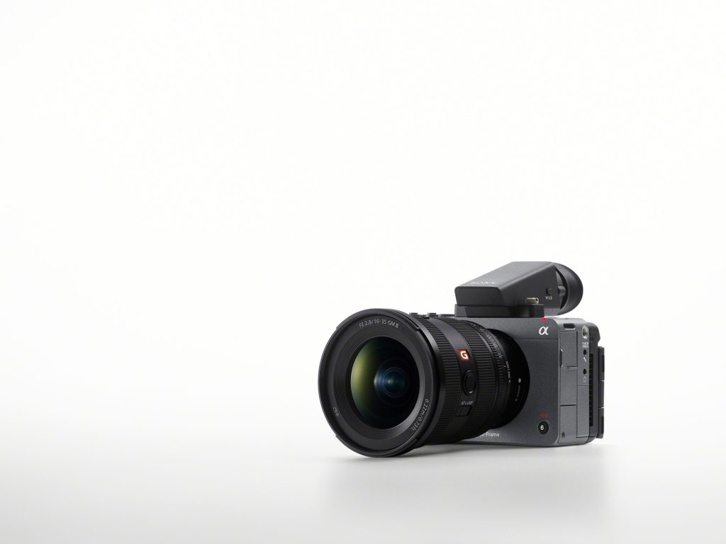 A promotional image showcasing the Sony FX5. The camera is on a white background showing the front of the camera.