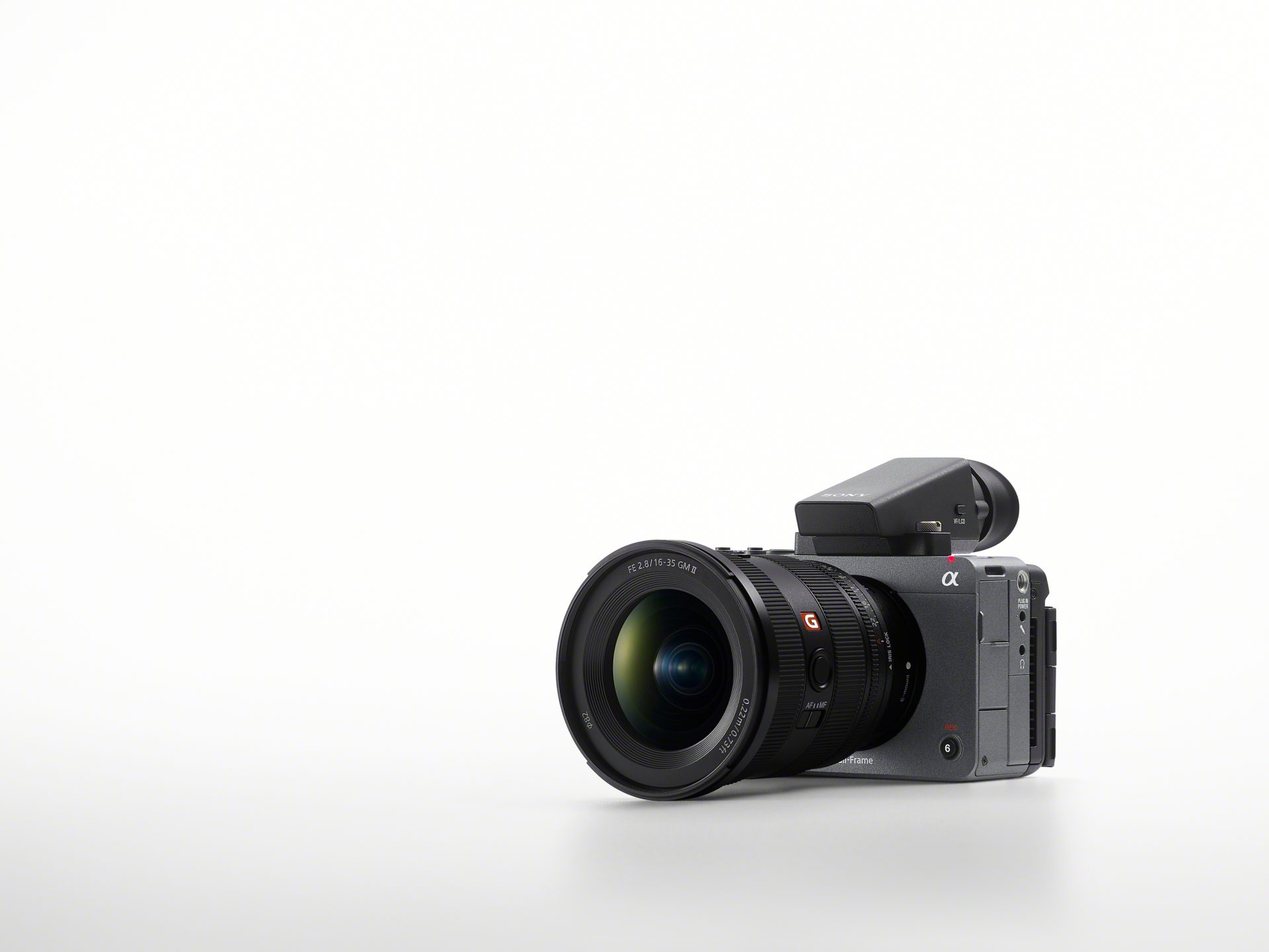 A promotional image showcasing the Sony FX5. The camera is on a white background showing the front of the camera.