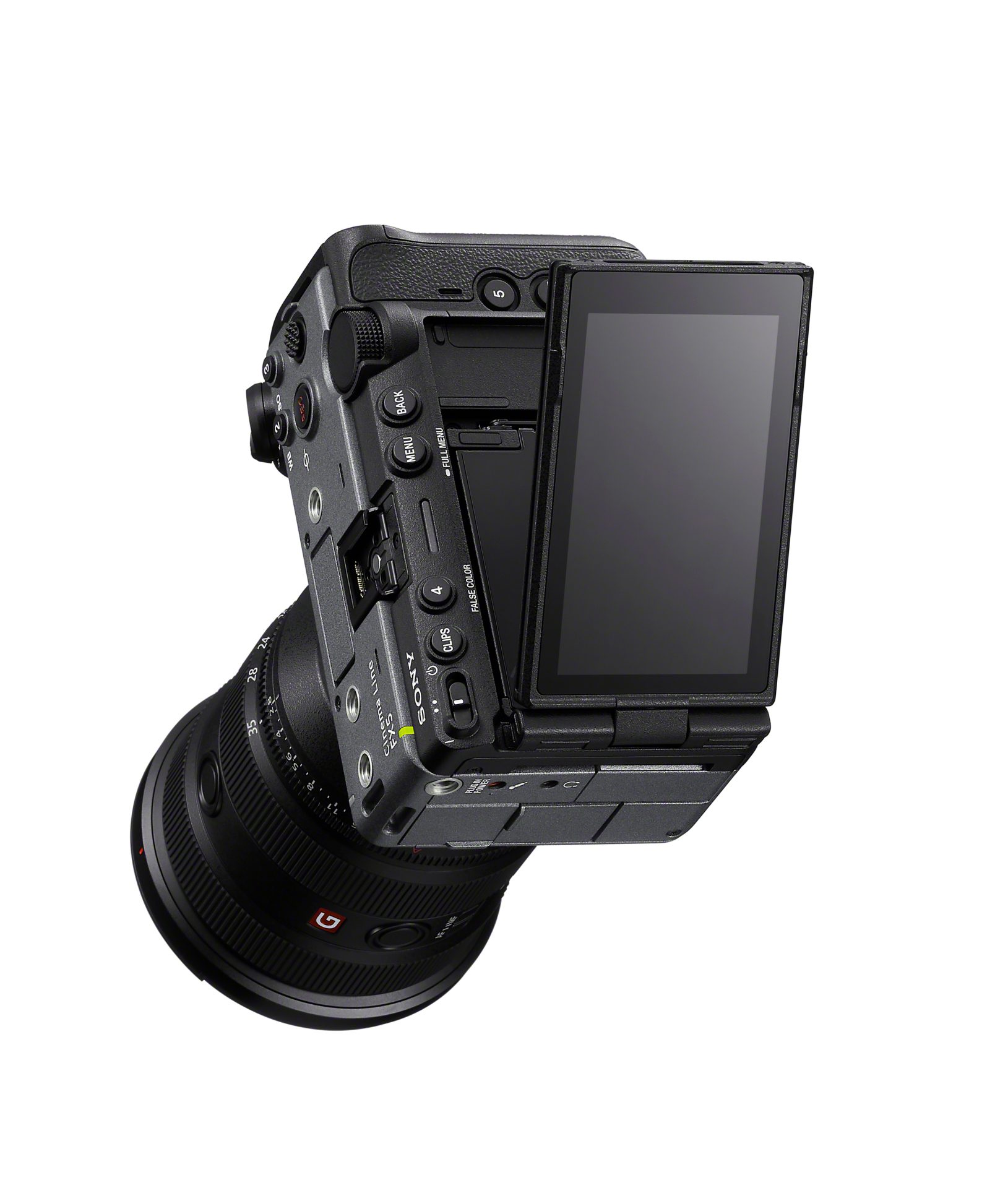 A promotional photograph showcasing the Sony FX5. It showcases the rear of the camera, with an emphasis on the retractable screen.